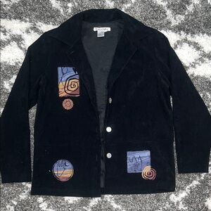 Vintage WinterSilks Black Sueded Stretch Jacket with Artistic Patches - S